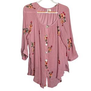 Fig & Flower Womens Floral Embroidered Pink Blouse Button Front 3/4 Sleeve  2X